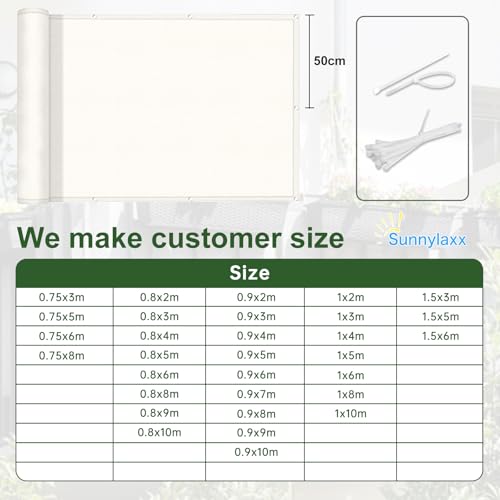 Image of Sunnylaxx Balcony Privacy Screen for Protection 90 x 1000 cm, Privacy Screen, Fence for Balcony Balcony PES for Balcony Garden Terrace, with Eyelets and Strap, Cream