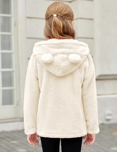Arshiner Kids Sherpa Fleece Hoodie with Zipper Girls Autumn Winter Fleece Jacket Warm Outdoor Coat Children Cozy Long Sleeve Sweatshirt 150/11-12 Years Cream White - Image 2