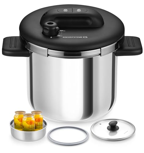 KOCH SYSTEME CS Stainless Steel Pressure Cooker 6.3 QT, Olla de Presion, Easy One-Press Lock, 3 PSI Settings Stovetop Pressure Cookers, Save 70% Time, Induction Compatible, Glass Lid & Steamer Rack