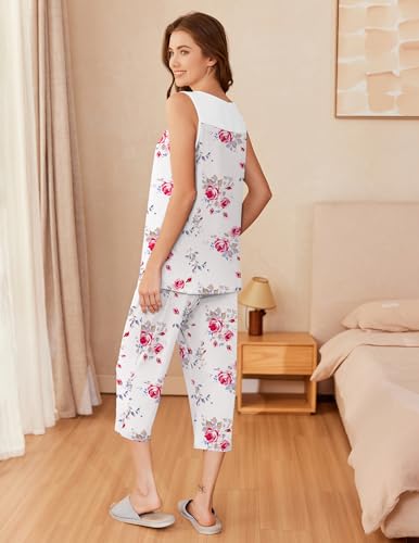 Image of Ekouaer Capri Pajama Sets for Women 2 Piece Soft Cute Pjs Round Neck Sleeveless Lounge Set for Summer Sleepwear S-XXXL
