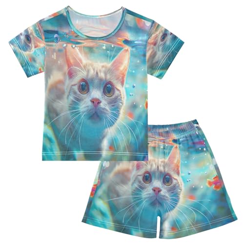 Cat under The Water Kids Pjs Set Boys Girls Summer Short-Sleeve Sleepwear Pajamas 2PCS