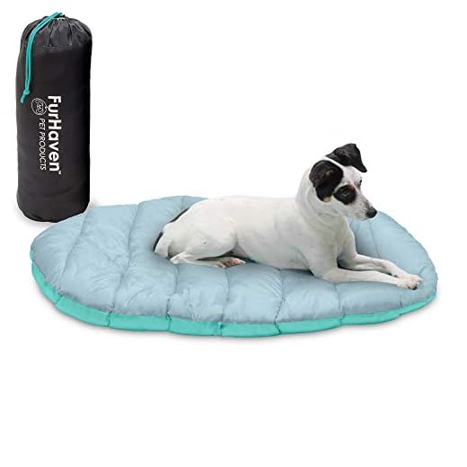 Furhaven Outdoor Travel Dog Bed for Small Dogs w/ Carry Bag, Washable & Foldable, Great for Crates & Kennels - Trail Pup Travel Pillow Mat w/ Stuff Sack Bag - Aqua/Granite Gray, Small