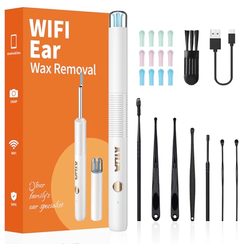 Xylla Otoscopio Limpiador de Oidos Cera 3,5mm-Endoscopio con WiFi 1920P Camara y 6 LED con 12 Orejeras de Silicona +8 Herramientas Profesionales,Ear Cleaner IP67 Impermeable para iOS/Android (Blanco)