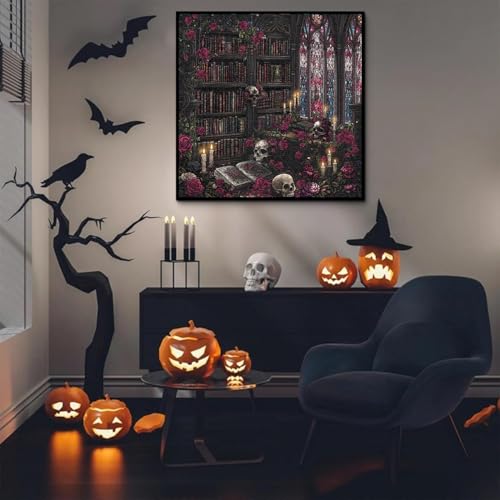 Rompecabezas Vintage de Halloween de 1000 piezas para adultos, rompecabezas gótico de cráneo, estantería de libros y flores, estilo biblioteca oscura miniatura 6