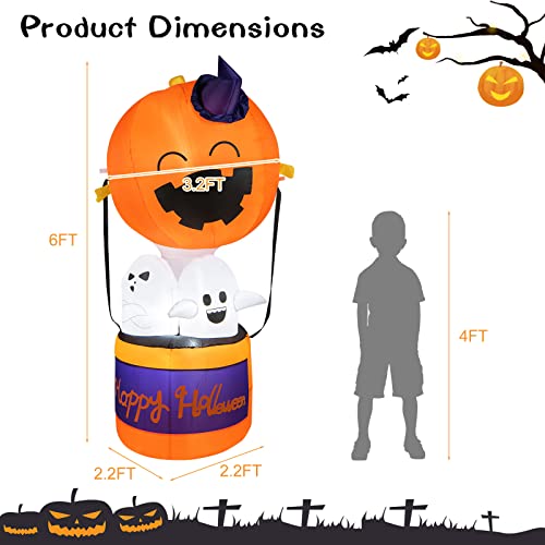 6Ft Halloween Inflatable Decoration, Pumpkin Hot Air Balloon With 2 Ghosts, Bright Led Lights, Built-In Blower & Sandbags, Indoor Outdoor Blow Up Decoration For Garden Yard Party, White Orange #TOP5
