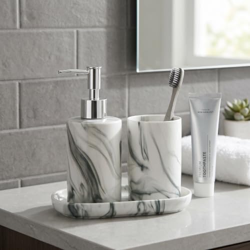 Juego de baño de mármol cerámico de lujo nórdico gris verdoso de 3 piezas elegante 4