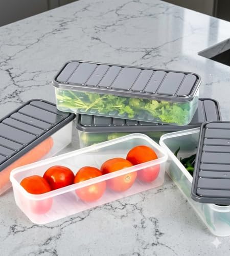 Image of Air Tight Clear Plastic Fridge Storage Containers | Kitchen Organisers. Stackable, with Lids, Leak-proof, Durable for Fruits, Vegetables and Eggs, Set of 6, 1200 ML