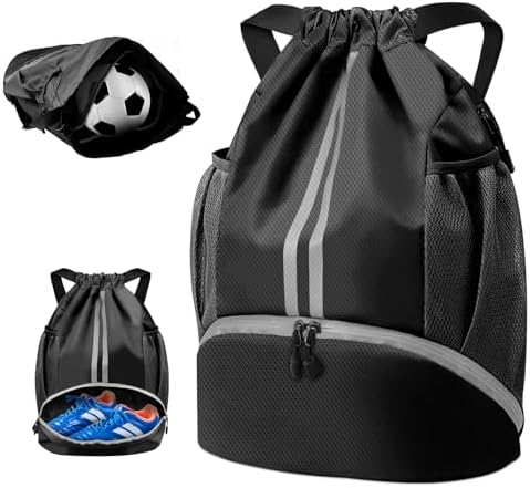 BROTOU Basketball Backpack, Drawstring Soccer Backpack with Ball and Shoe Compartment, Gym Bags for Men/Women