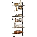 YMYNY Industrial Pipe Ladder Shelf, 6-Tier Wall Mounted Bookcase with Metal Frame, 78.7' Open Bookshelf, Multifunctional Storage Rack for Home Office, Living Room, Plant Stand, Rustic Brown, RF-TM018