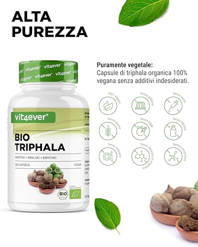 Triphala biologica - Alto dosaggio di 2000 mg (500 mg per capsula) - 365 capsule - Triphala in polvere dall'India: Haritaki, Amalaki, Bibhitaki - Senza additivi - Vegan - 3