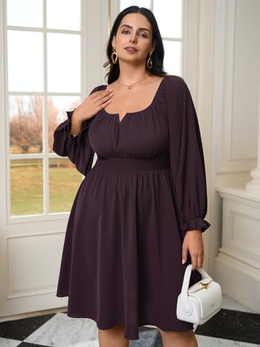 Womens Plus Size Cocktail Dress Fall Off Shoulder Long Sleeve Square Neck Smocked Waist Flowy A Line Short Dress3