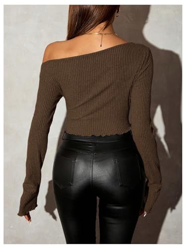Milumia Women's Sexy One Off The Shoulder Long Sleeve Top Asymmetrical Hem Ribbed Knit Tee Tops3