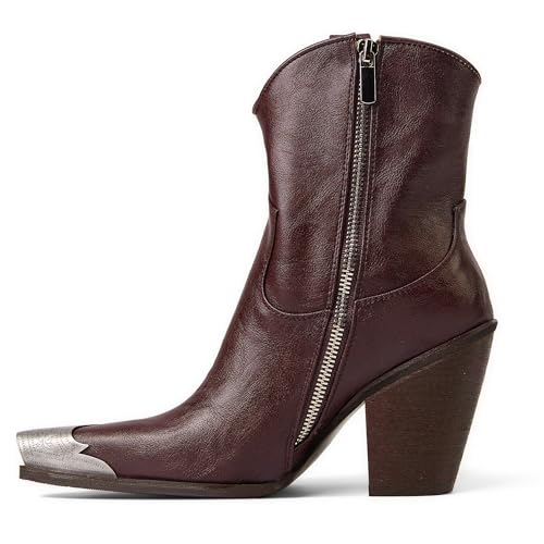Image of Cowboy Ankle Boots for Women Engraved Steel Toe Cowgirl Boots Stacked Block Heels Short Cowboy Boot Fashion Dressy Western Country Booties