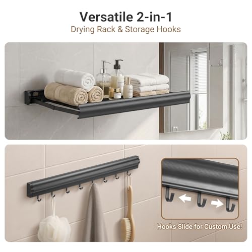 Todeco Wandtrockner Klappbar Unsichtbar mit Netzablage & 8 Haken, Duschablage Ohne Bohren, Badezimmer Regal Organizer, Ausziehbarer Wandwäscheständer, Hakenleiste für Balkon Wäscheraum Badezimmer