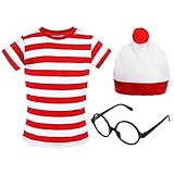 HOMBRE DIVERTIDO 'ENCONTRARME' PARA NIÑOS NIÑAS CAMISETA DE MANGA CORTA A RAYAS ROJAS Y BLANCAS + SOMBRERO BOBBLE BLANCO ROJO + GAFAS NERD NEGRAS CONJUNTO DE DISFRACES (PEQUEÑO - 4-6 AÑOS)