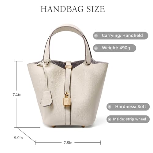 Genuine Leather Bucket Bag with Lock Closure, Genuine Leather Lock Design,Versatile Shoulder Handbag 5