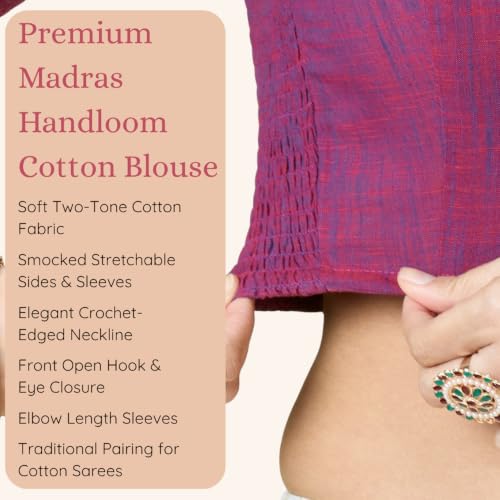 Image of Studio Shringaar Women's Handloom Cotton Side Stretchable (Smocked) Readymade Saree Blouse with Crochet Neckline
