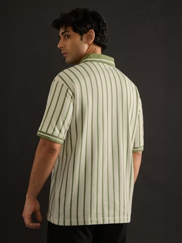 Image of The Souled Store Popeye: Tough Stuff Men and Boys Short Sleeve Spread Collar Light Green Striped Embroidered Cotton Breathable Lightweight Oversized Polos