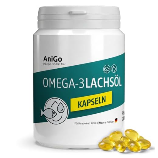 AniGo Omega-3 Lachsöl Kapseln für Hunde & Katzen 200 Stück – Ergänzungsfuttermittel mit EPA & DHA – Zur täglichen Ergänzung von Haut, Fell & Gelenken