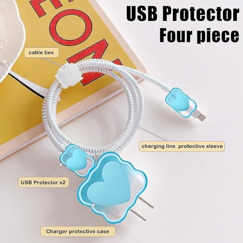 Image of INEFABLE Charger Case Cover Protector with 3D Cute Pattern for iPhone Charger only 18W & 20W, Data Charging Cable Wire Saver Protective Cable Cover Full Protection - Set Of 1 (Blue Heart)