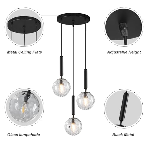 Image of Mid Century Globe Pendant Light with Clear Glass for Kitchen Island Modern Balck Finish Hanging Light Fixture Retro Round Pendant Lighting for Living Room Bedroom Entryway(3 Lights)