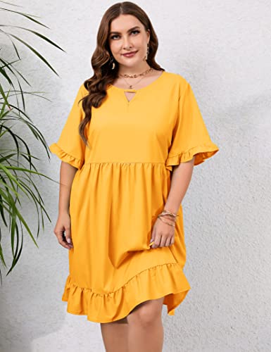 Kojooin Women's Plus Size Keyhole Neck Ruffle Sleeve Casual Dress A Line Swing Babydoll Midi Dresses (Lemon Yellow,5Xl) #TOP2