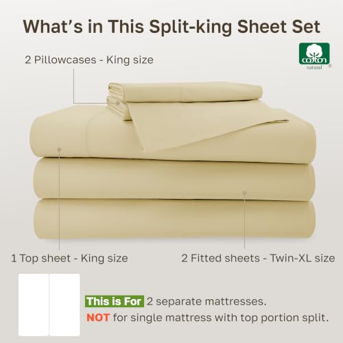 Image of California Design Den 500TC 100% Cotton Split King Sheet Set, Butter Almond | Good Housekeeping Seal, OEKO-TEX Certified, Silky-Soft Sateen Weave, 5pc Set, 15 inch Deep Pockets, For Hot Sleepers, All-Season