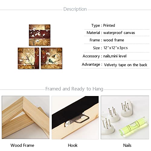 Sechars Birds Painting On Canvas Vintage Birds On Flowers Tree Branch Pictures Canvas Print Brown Red Vintage Artwork For Home Bedroom Bathroom Decoration Ready To Hang (Small) #TOP5