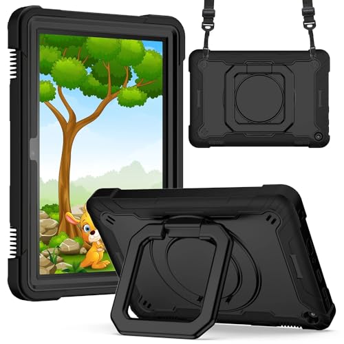 Kindle Fire HD 8/HD 8 Plus 2020�p 360�x��]�\�ȃP�[�X �L�b�Y�X�^���h�n���h�� ���ϋv 2�C��1�n�C�u���b�h�P�[�X �V�����_�[�X�g���b�v�t�� (BK�AFire HD 8 2020)