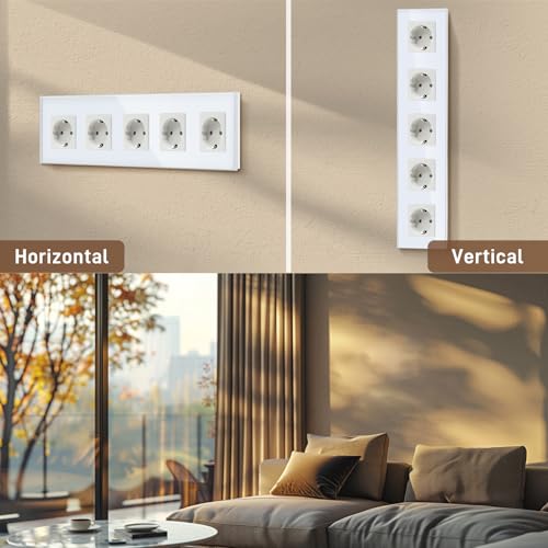 BSEED Schuko Steckdosenleiste 5 Fach - Kristall Glas Platte F&uuml;nffach Steckdose 16Amp 370mm Wei&szlig; - Verl&auml;ngerungssteckdosen Mehrfachsteckdose Wandsteckdose