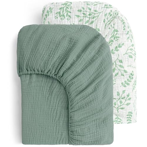 Image of Yoofoss Muslin Pack and Play Sheets Fitted 2 Pack, Pack n Play Sheets Fitted Mini Crib Sheets, Playard Sheets for Pack N Play Mattress, Soft Breathable Durable, Leaves & Green