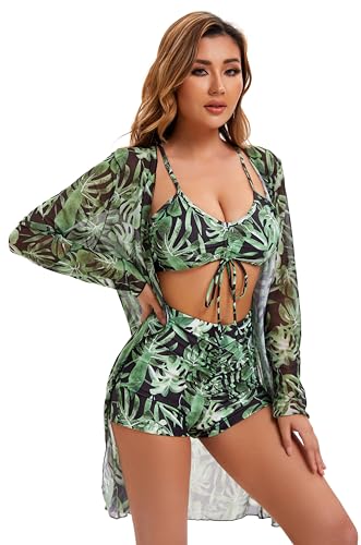 Yknktstc Womens 3 Pieces Bikini Set Swimsuit Tropical Beach Cover up Kimono Swimwear Bathing Suit with Boy Shorts4