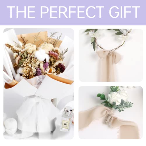 Chiffon Ribbon, 3 Rolls 1.5 Inch X 6 Yard Handmade Fringe Chiffon, Handmade Silk Ribbon For Gift Wrapping, Wedding Invitations, Bouquet Wrap, Bridal Bouquets, Diy Crafts (White/Dusty Pink/Brown) #TOP3