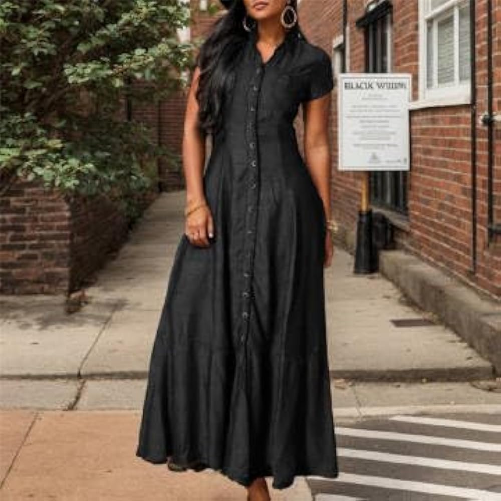 Womens Casual Maxi Button Down Shirt Ruffle Denim Dress Short Sleeve V Neck  Tunic Dress Flowy Swing Western Long Jean Dresses Black at Amazon Women's  Clothing store