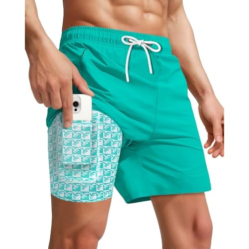 Yufawow 7 Inch Men Swim Trunks with Compression Liner Quick Dry Drawstring Male Swimtrunks for Beach Summer Water Park