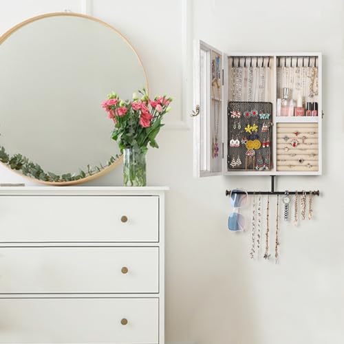 Keebofly Wall Mounted Jewelry Organizer With Rustic Wood Large Space Jewelry Cabinet, Holder, Storage Box for Necklaces, Earrings, Bracelets, Ring Holder, and Accessories White