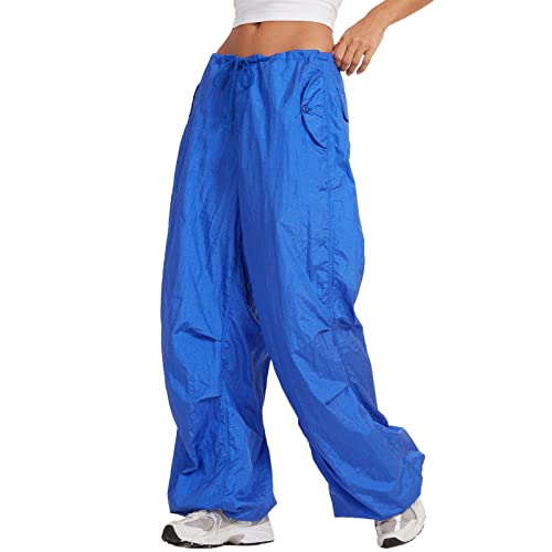 Koitniecer Cargohose Damen Baggy Low Waist Drawstring Cargo Pants Y2K Taschen Hosen Mode Streetwear Hippie Hose (Blau, M) Cover