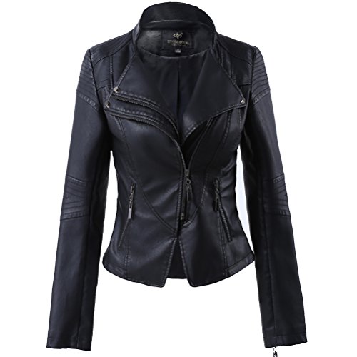 LingLuoFang LLF Women's Faux Leather Stand-up Collar Moto Biker Short Jacket Small Black
