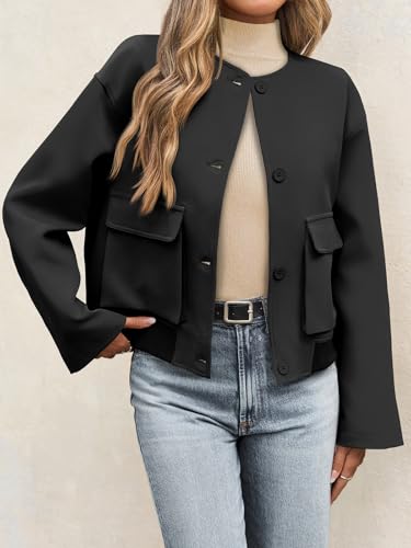 Tankaneo Womens Cropped Bomber Jackets Casual Button Down Collarless Shackets Crewneck Loose Fit Coat4