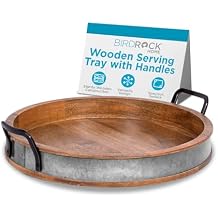 BIRDROCK HOME Large Round Wooden Serving Tray with Handles & Iron Accents - Round Barrel Tray for Living Room, Kitchen, Coffee Table Decor, Breakfast, Cheese Board & Bar - Tray Platter in Lap & Couch