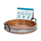 BIRDROCK HOME Large Round Wooden Serving Tray with Handles & Iron Accents - Round Barrel Tray for Living Room, Kitchen, Coffee Table Decor, Breakfast, Cheese Board & Bar - Tray Platter in Lap & Couch