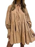 Aox Women Ruffle Sleeve Tunic Midi Dress Flowy Shift Sundress Sweet Babydoll Button Down Swing Skirt (Large, Khaki 202216)