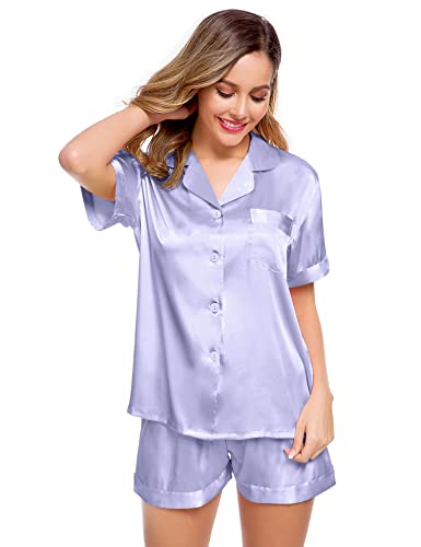 Image of LecGee Womens Silk Satin Pajamas Set Short Sleeve Button Up Sleepwear Loungewear 2 Pcs Pj Sets