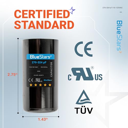 [UL Certified] BlueStars 270-324 uF MFD 110-125 VAC Round Motor Start Capacitor 50/60 Hz AC Electric Replacement Part for AC Motors Starting or Pool Pump or Well Pump