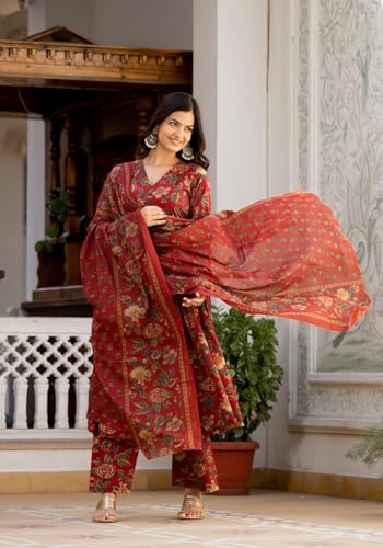 Image of MEERA FAB Women's Cotton Blend V-Neck Anarkali Printed Kurta with Palazzo & Dupatta