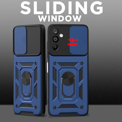Image of Amazon Basics Back Cover for Samsung Galaxy M16 5G | 360 Protection Case | Sliding Camera Sheild Cover & Ring Holder Stand D10 Tough Armor Bumper Case (Blue)
