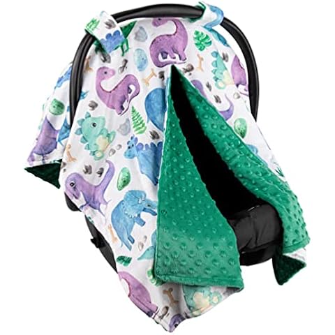 Top Tots Deluxe Minky Baby Car Seat Cover - Blue Toned Dinosaur, 40 x 29 Inch Green Cover