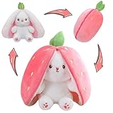 MIAODAM バニーぬいぐるみ リバーシブル 抱きしめるバニーのぬいぐるみ ストロベリーバニー 変身したウサギのぬいぐるみ ジッパー、耳に変わるニンジン バニー ぬいぐるみ かわいい 蒸れた人形 イースター ガールフレンドギフト
