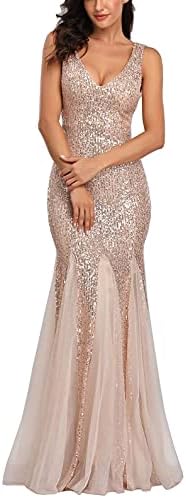 A ARFAR Ladies Sparkle Sexy Dress V Neck Sequin Tulle Dress for Women Vintage High Waist Long Dress Summer Women Boho Evening Dress Sleeveless Mermaid Wedding Dress Rose Gold L