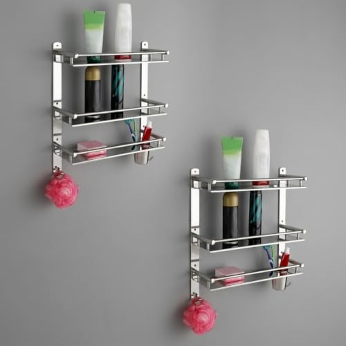 Image of GLOXY Premium Stainless Steel 3 Tier Bathroom Organizer Shelf Combo Pack of 2 - Wall Mount 3 Layer Shelf with Toothbrush & Soap Holder - Chrome Finish Bathroom Shelf with Multipurpose Hooks